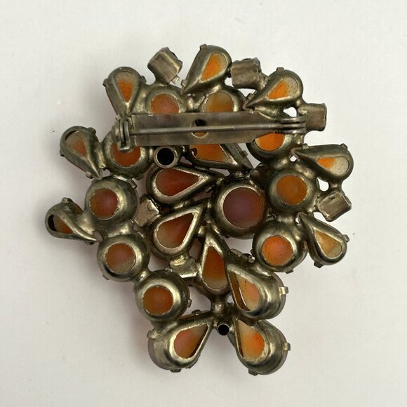 Vintage 1950s Orange Givre Glass Cabochon Arora Borealis Rhinestone Brooch - Picture 11 of 15